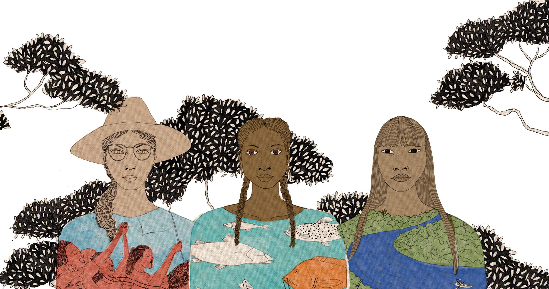 Ilustração de 3 mulheres - 1 agricultora de chapéu com cenas de ativismo no tronco, 1 negra com peixes no tronco e 1 indígena com uma floresta e um rio no tronco.